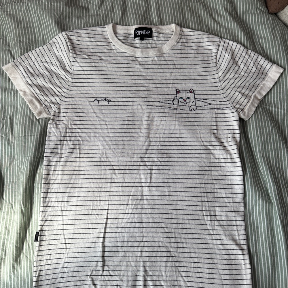 Ripndip White and Black Striped Woven Tee with Cat Design